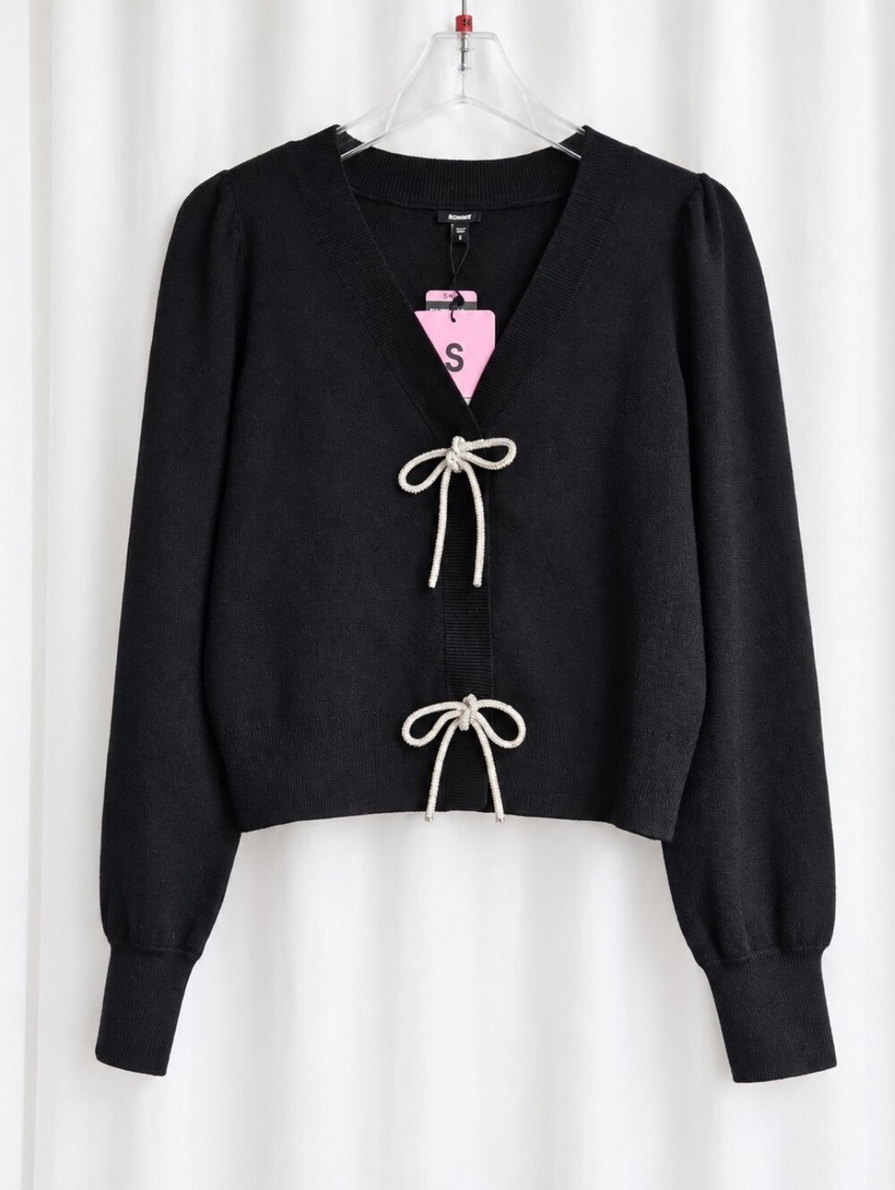 Express Rhinestone Bow Jewel Trim Snap Front V Neck Black Knit Cardigan Sweater